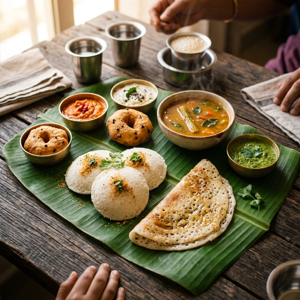 Authentic South Indian vegetarian platter prepared fresh