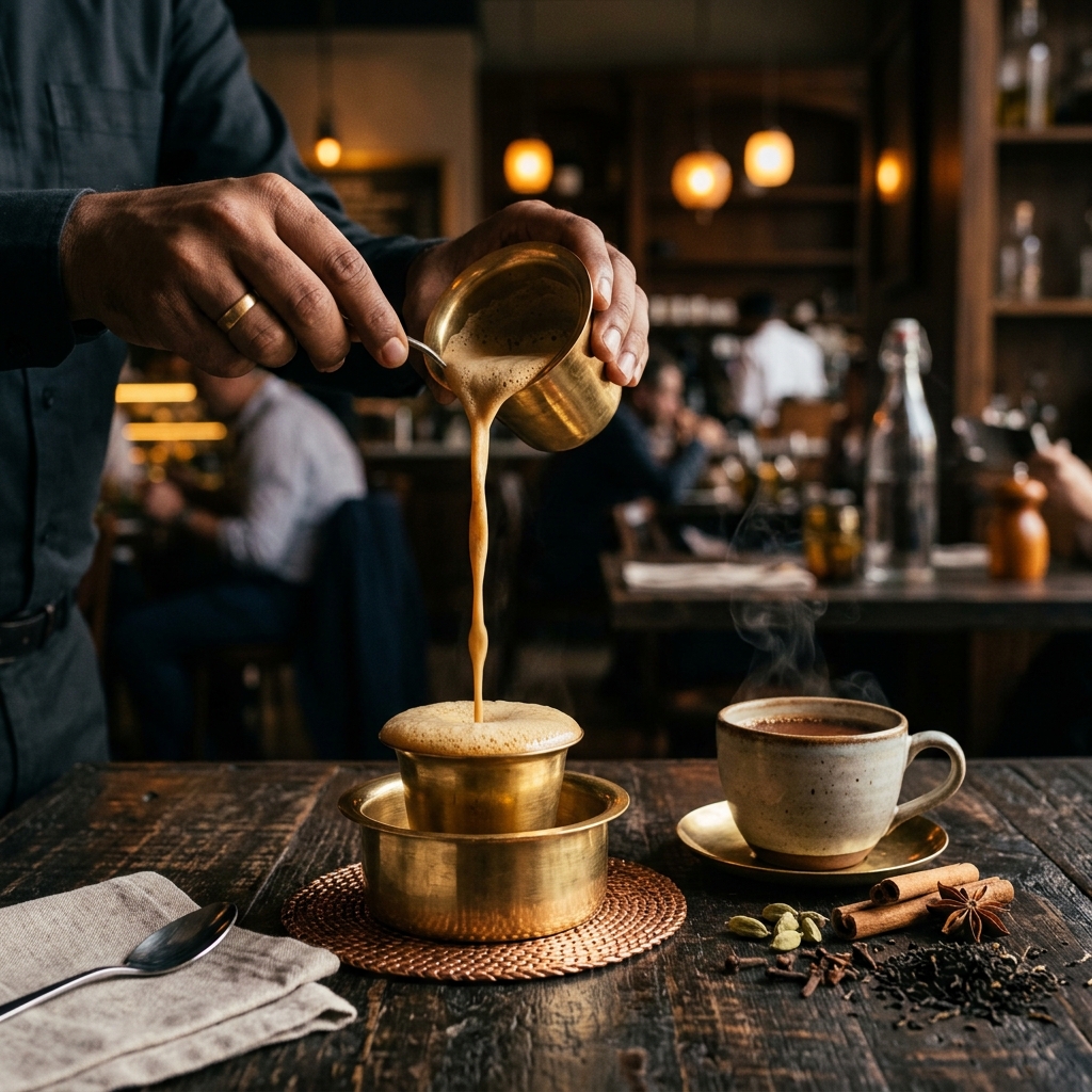Authentic pouring South Indian chai and filter coffee