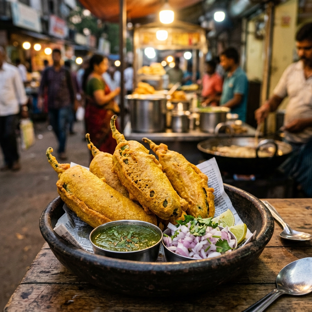 Golden crispy batter-fried stuffed chilies