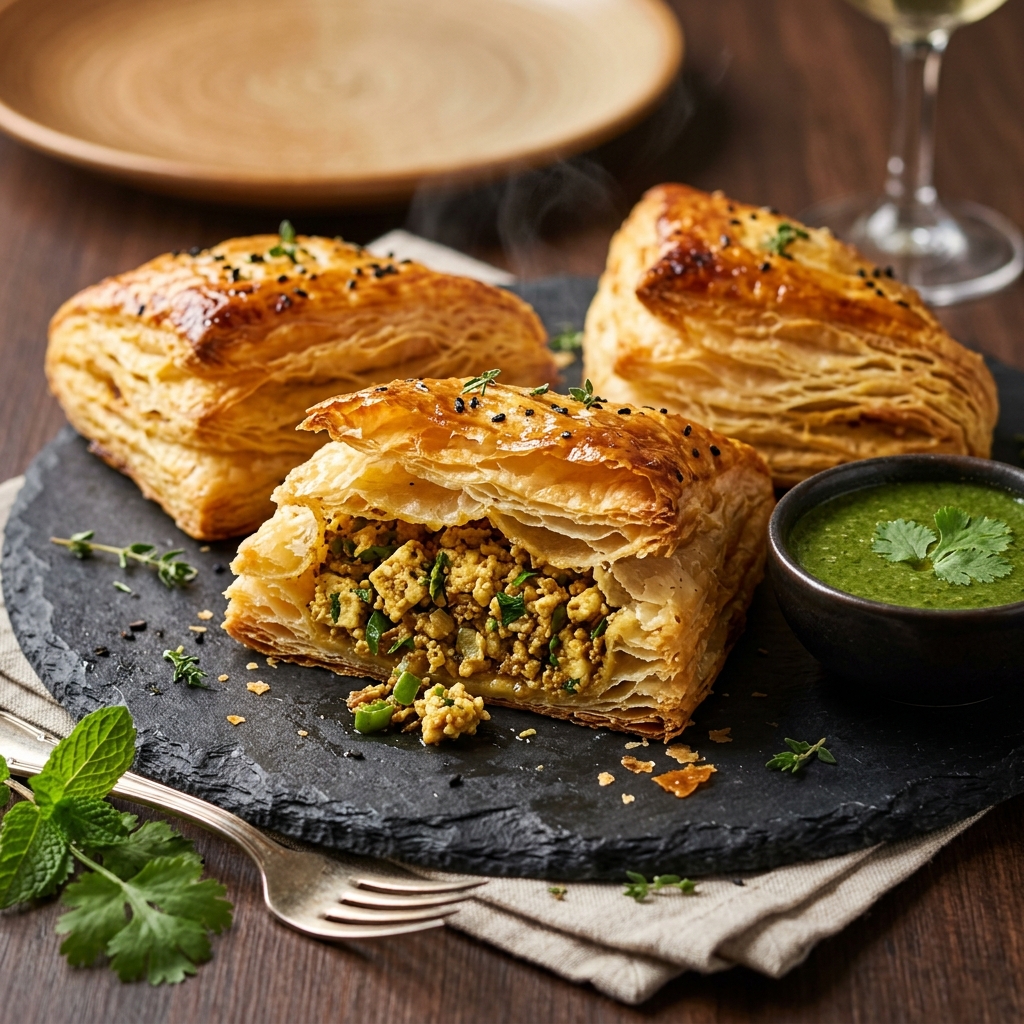 Flaky puff pastry filled with spiced cottage cheese