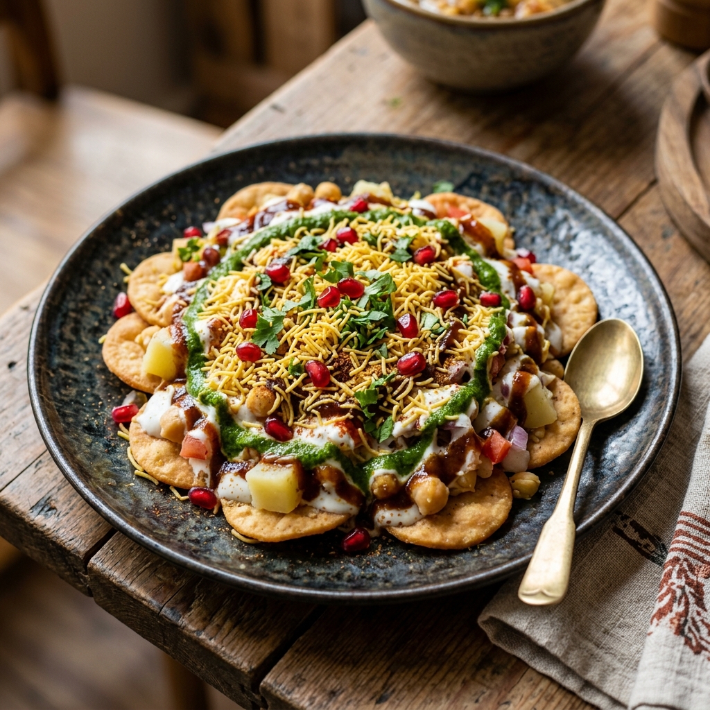 Vibrant delicious papdi chaat with sweet yogurt and pomegranate