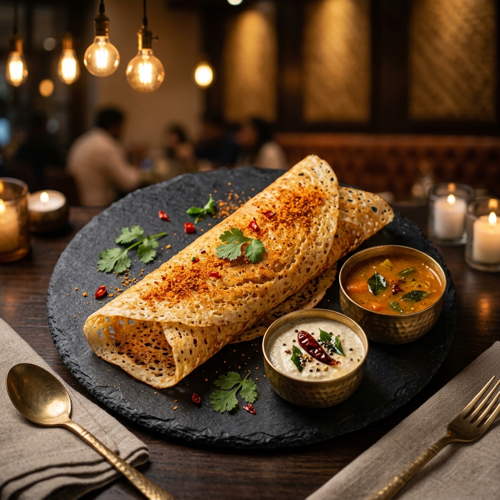 Premium crispy Podi Dosa garnished with red powder