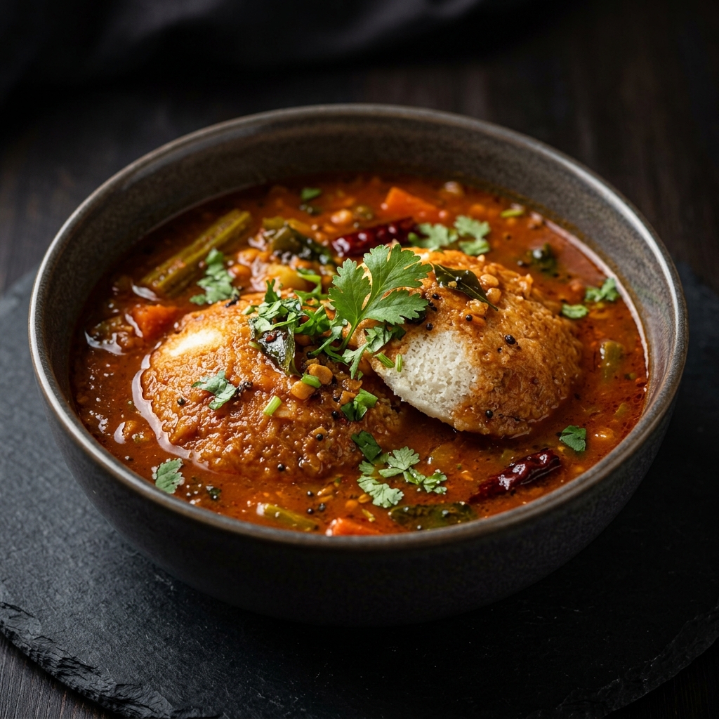 Steamed idlis swimming in hot sambar
